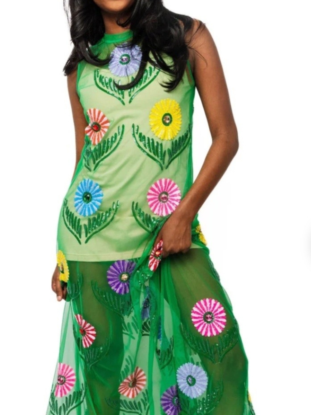 Queen Of Sparkles Green Cinco Flowers Mesh Coverup Midi Dress